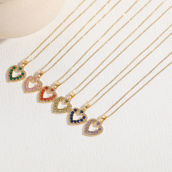 Elegant Heart Shape Copper Plating Inlay Zircon 14K Gold Plated Pendant Necklace