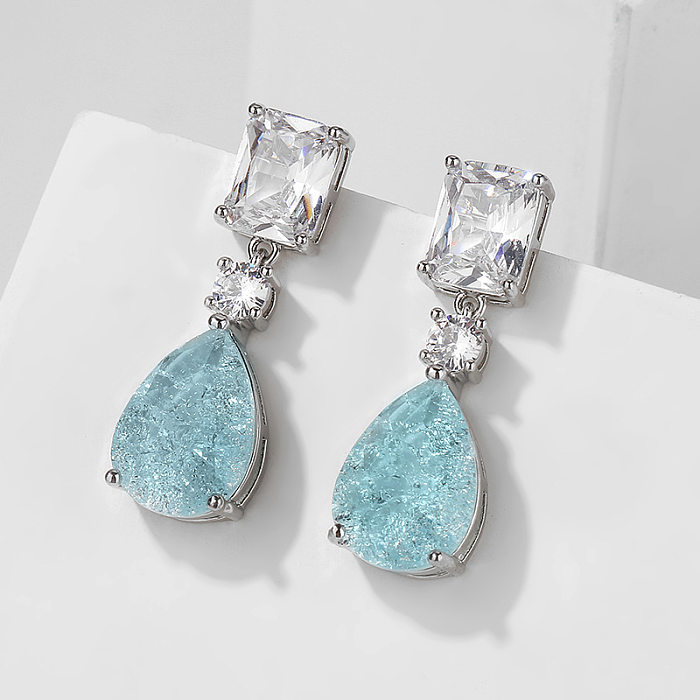 1 Pair Original Design Water Droplets Inlay Copper Artificial Gemstones Drop Earrings