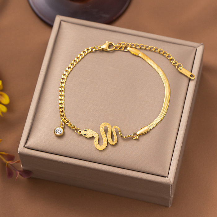 Elegant Retro Snake Titanium Steel Plating Inlay Zircon 18K Gold Plated Bracelets Necklace