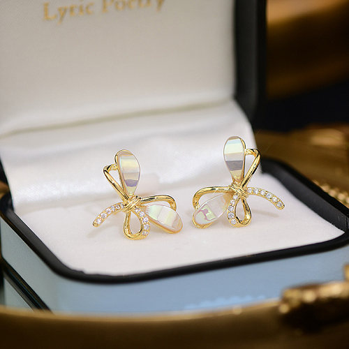 1 Pair Cute French Style Sweet Bow Knot Plating Inlay Copper Zircon 14K Gold Plated Ear Studs