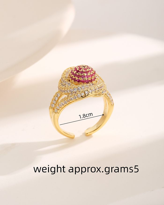IG Style Sweet Rose Copper Plating Inlay Zircon 18K Gold Plated Open Rings