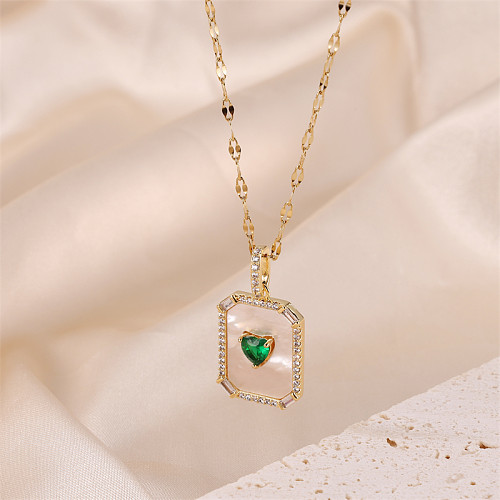 Princess Cute Commute Heart Shape Rectangle Stainless Steel Brass Plating Inlay Shell Zircon 18K Gold Plated Pendant Necklace