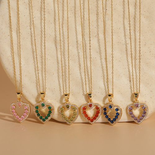 Elegant Heart Shape Copper Plating Inlay Zircon 14K Gold Plated Pendant Necklace