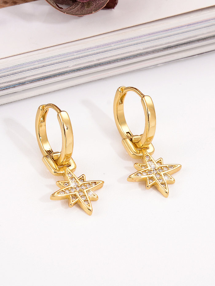 1 paire de boucles d'oreilles pendantes en cuivre et Zircon plaqué or 18 carats, Style Simple, incrustation d'étoiles