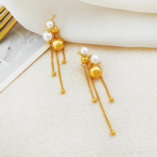 1 paire de boucles d'oreilles pendantes en perles artificielles plaquées cuivre géométriques à la mode
