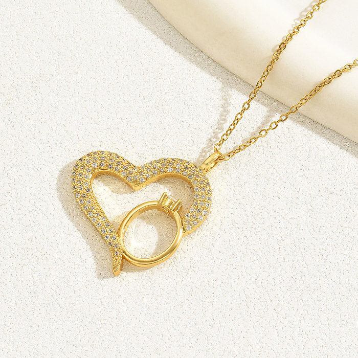 Romantic Sweet Oval Heart Shape Copper 18K Gold Plated White Gold Plated Zircon Pendant Necklace In Bulk