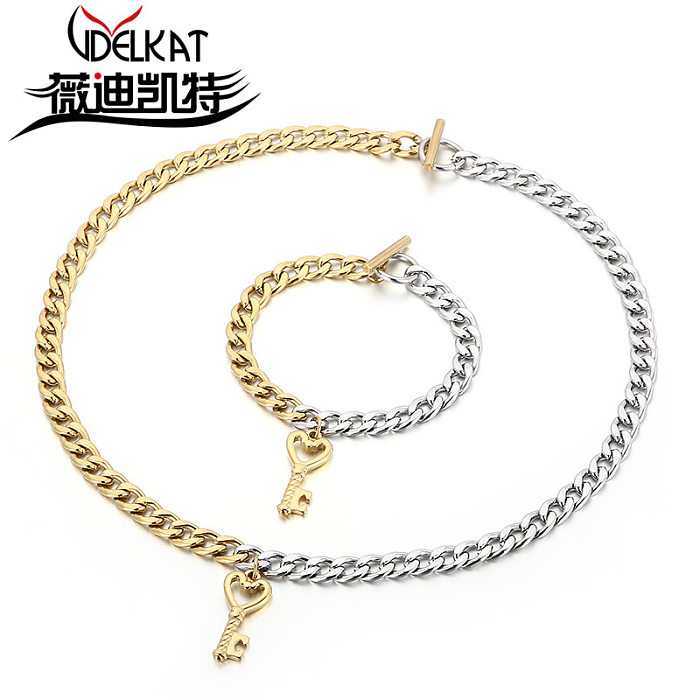 European And American Vintage Stainless Steel Key Pendant Bracelet Necklace Set Wholesale