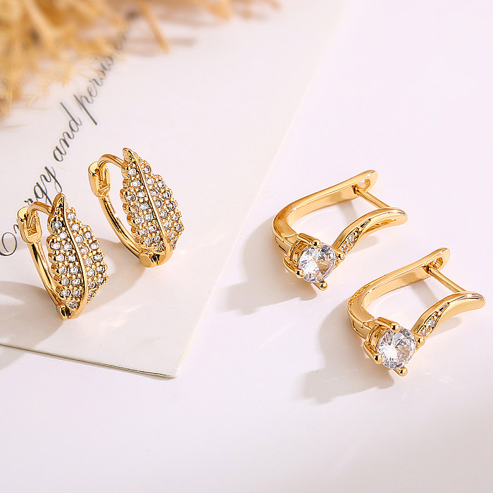 1 Pair Simple Style Commute Leaf Plating Inlay Copper Zircon 18K Gold Plated Earrings