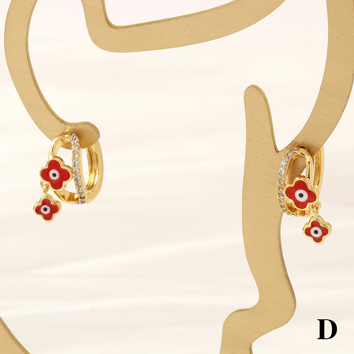 1 Paar schlichte Streetwear-Ohrringe mit Pentagramm, vierblättriges Kleeblatt, Emaille-Beschichtung, Inlay aus Kupfer, Zirkon, 18 Karat vergoldet