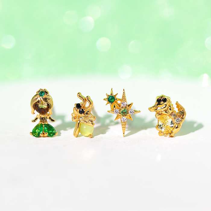 1 Set Princess Cute Cartoon Character Brass Asymmetrical Plating Inlay Zircon 18K Gold Plated Ear Studs