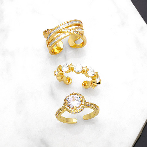 Casual Commute Round Copper Plating Inlay Zircon 18K Gold Plated Open Rings