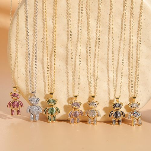 Casual Cute Streetwear Little Bear Brass 14K Gold Plated White Gold Plated Zircon Pendant Necklace In Bulk