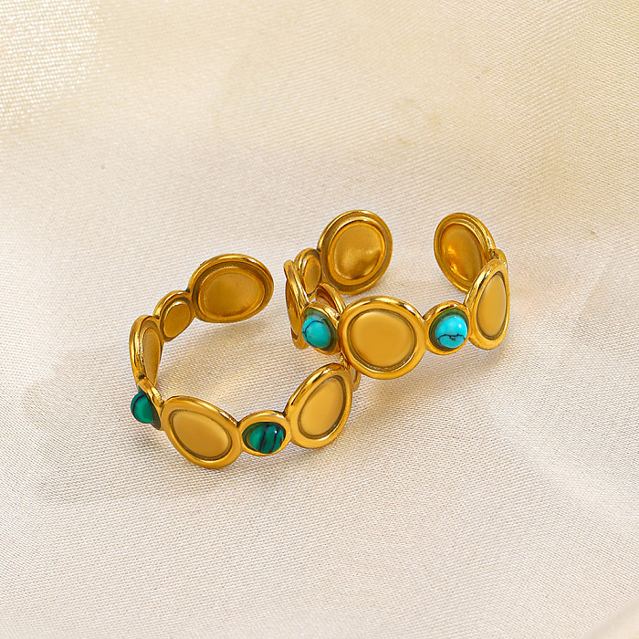Hip-Hop Round Stainless Steel Plating Inlay Natural Stone Turquoise 18K Gold Plated Open Rings