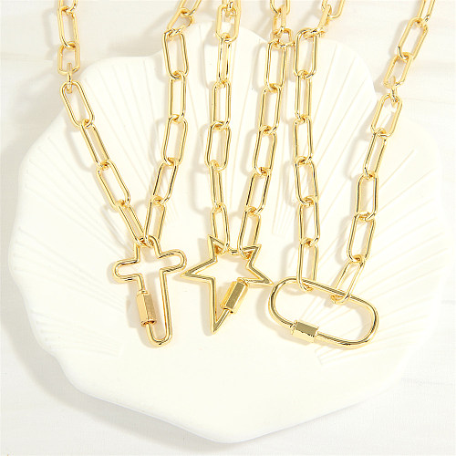 Einfache Hip-Hop-Anhänger-Halskette mit Pentagramm-Kreuz, ovaler Verkupferungseinlage, 18 Karat vergoldet