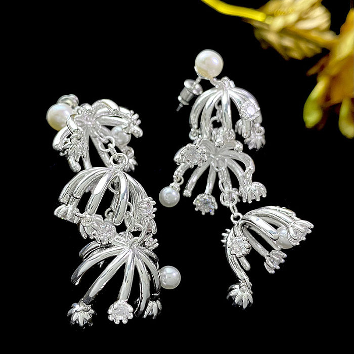 1 Paar glänzende Blumen-Inlay-Kupfer-Perlen-Zirkon-Tropfenohrringe im IG-Stil