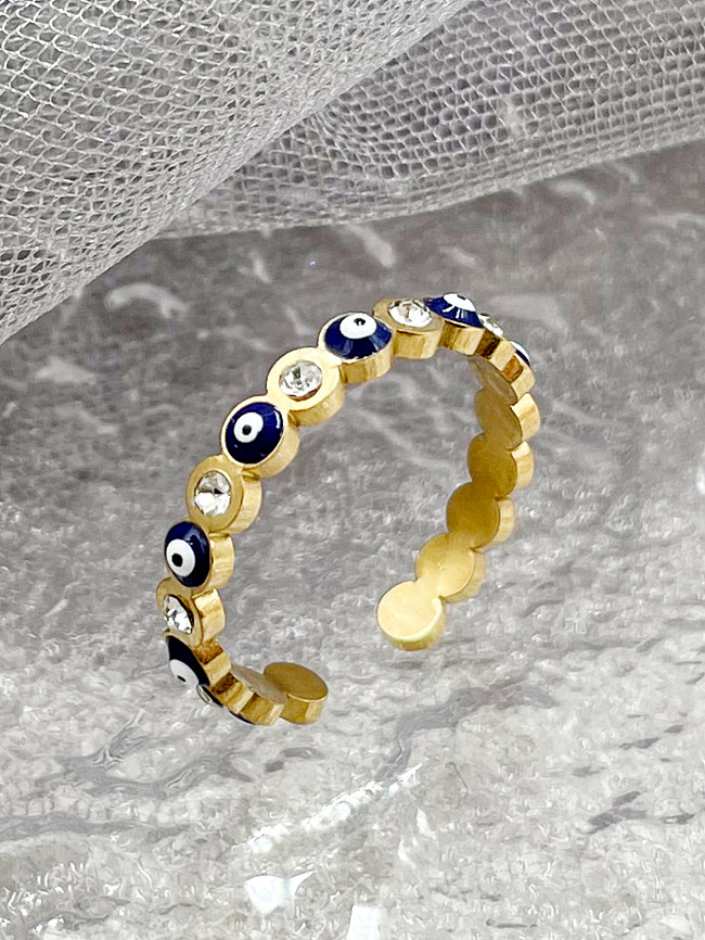 Gothic Funny Eye Stainless Steel Enamel Plating Inlay Zircon Gold Plated Open Rings
