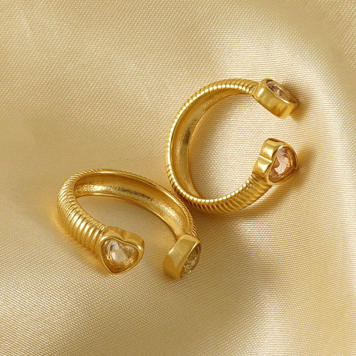 Anel aberto banhado a ouro 18K com incrustação de aço inoxidável em forma de coração estilo elegante e simples