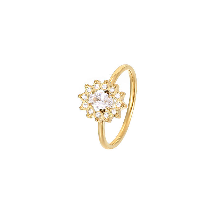 Atacado estilo IG flor brilhante chapeamento de aço inoxidável incrustação de anéis de zircão banhados a ouro branco