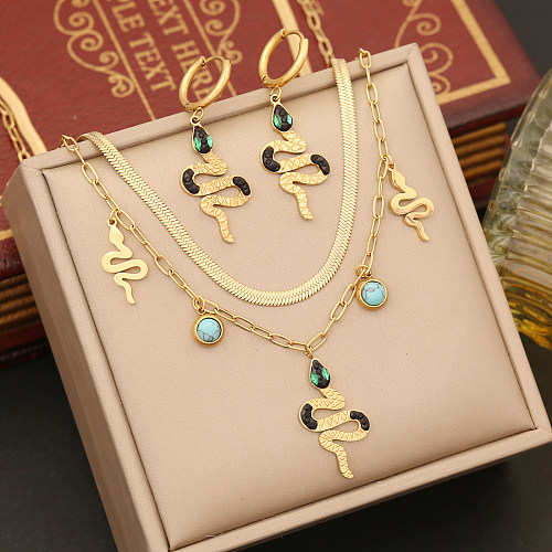 Schlichter Stil, Pendelschlangen-Ohrring-Halskette mit Edelstahl-Beschichtung und Inlay aus türkisfarbenem Zirkon