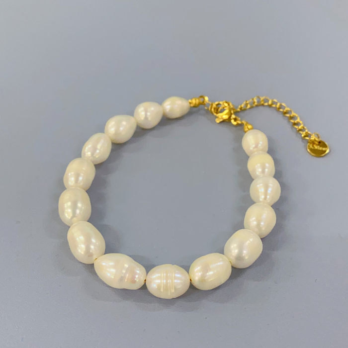 Retro Solid Color Stainless Steel Freshwater Pearl Layered 18K Gold Plated Bracelets Necklace