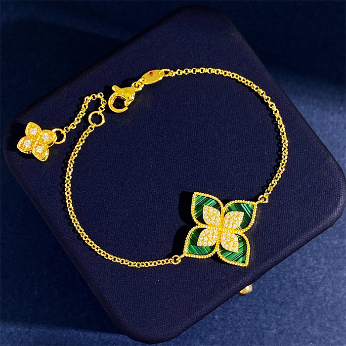 Retro Flower Copper Plating Inlay Artificial Gemstones Turquoise Shell 18K Gold Plated Bracelets
