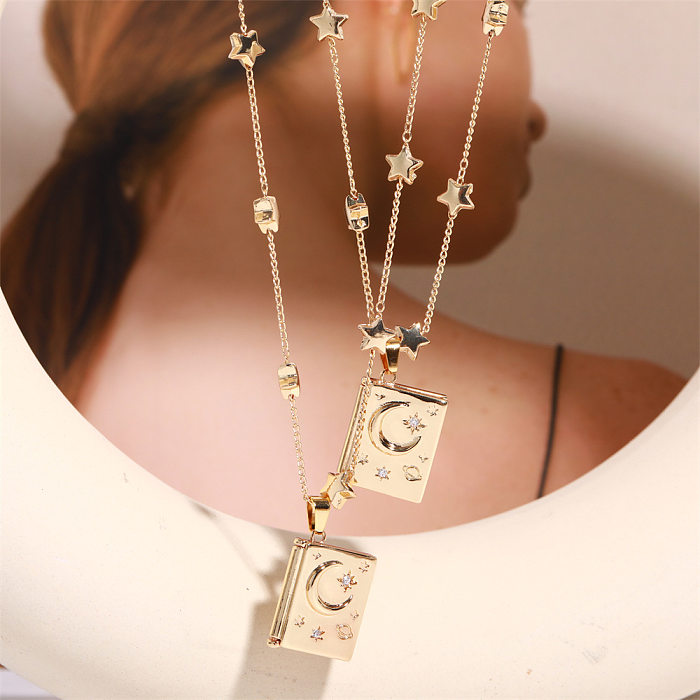 Retro Preppy Style Star Moon Rectangle Copper Gold Plated Rhinestones Pendant Necklace In Bulk