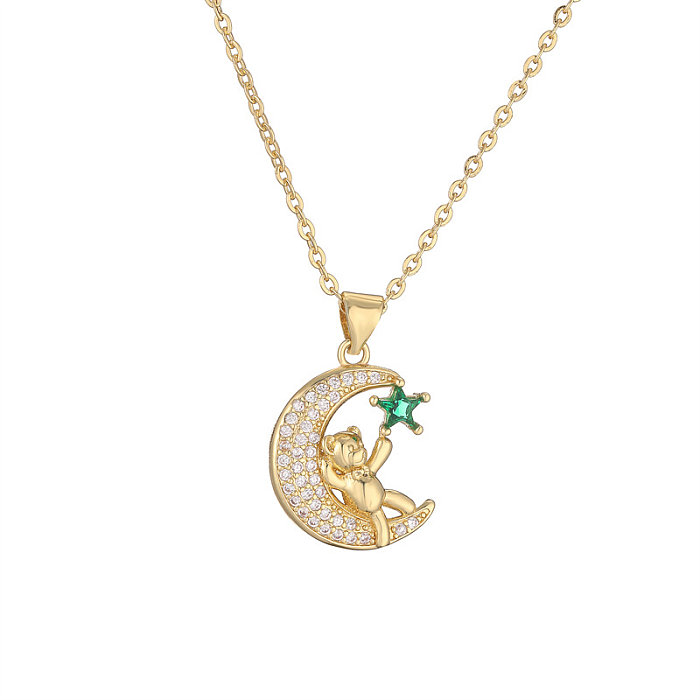 IG Style Style Simple petit ours étoile lune cuivre placage incrustation Zircon plaqué or pendentif collier