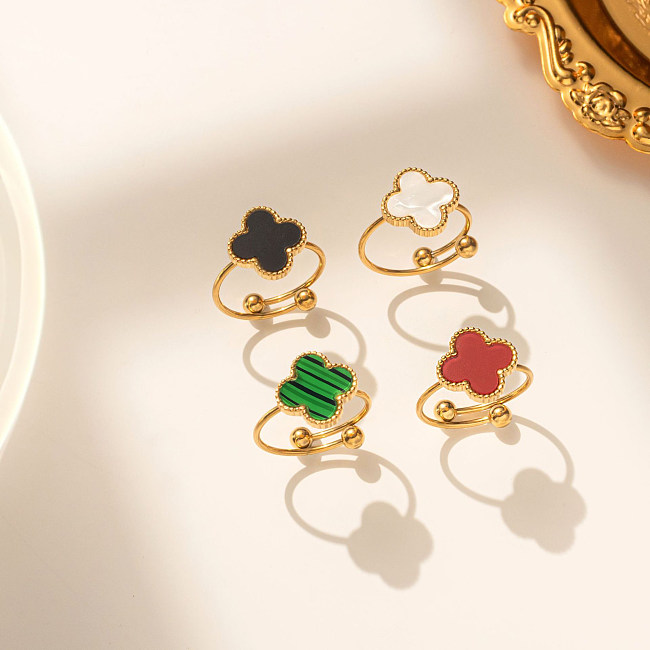 Casual Classic Style Four Leaf Clover Flower Stainless Steel Enamel Inlay Shell Open Rings