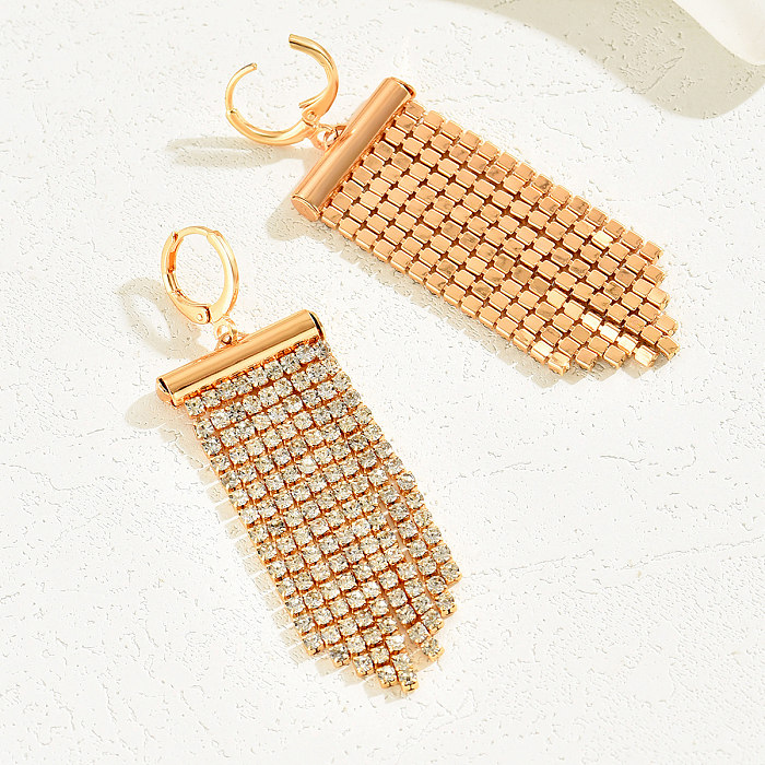 1 Pair Elegant Shiny Tassel Plating Inlay Copper Zircon 18K Gold Plated Drop Earrings