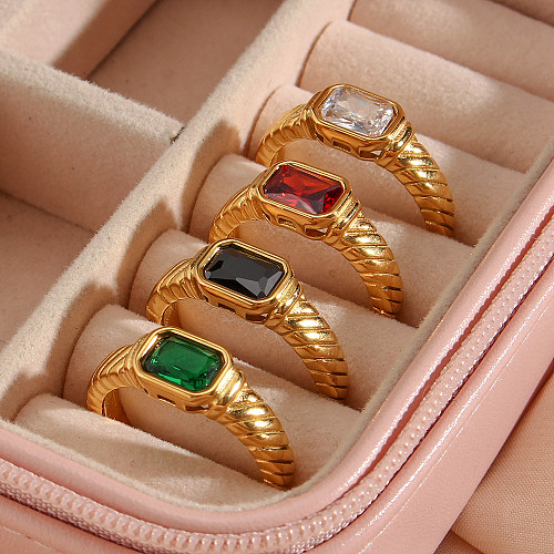 Anéis geométricos de aço inoxidável banhados a ouro estilo vintage chapeamento de zircão embutidos anéis de aço inoxidável banhados a ouro de zircão