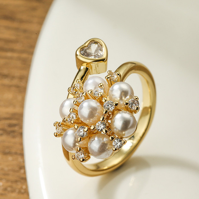 Élégant Glam Star Fleur Cuivre Incrustation Perles Artificielles Zircon Plaqué Or 18 Carats Anneau Ouvert