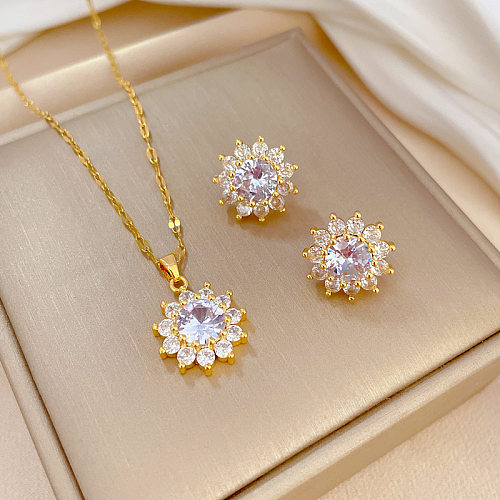 Luxurious Flower Titanium Steel Copper Inlay Zircon Earrings Necklace