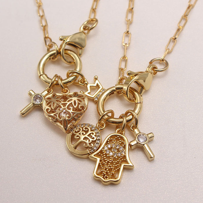 Estilo moderno cruz forma de coração Bc1035 Lucky Tree cobre banhado a ouro zircão pingente colar a granel