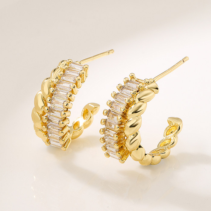 Fashion C Shape Geometric Copper Gold Plated Zircon Ear Studs 1 Pair