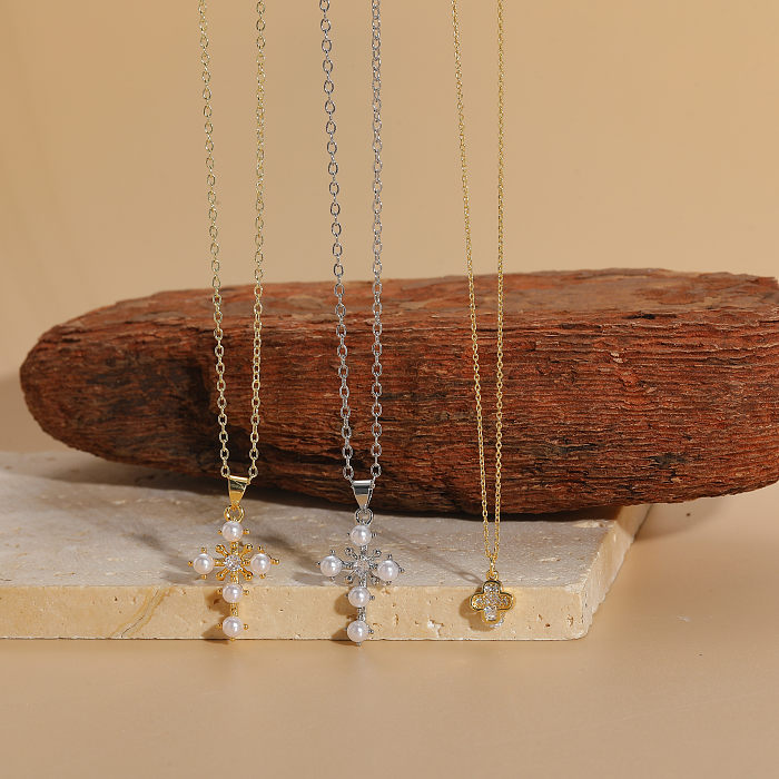 Elegant Classic Style Cross Copper 14K Gold Plated Zircon Necklace In Bulk
