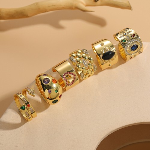 Lässiger, klassischer Stil, ovale, herzförmige, verkupferte offene Ringe mit Zirkon-Inlay und 14-karätigem Gold