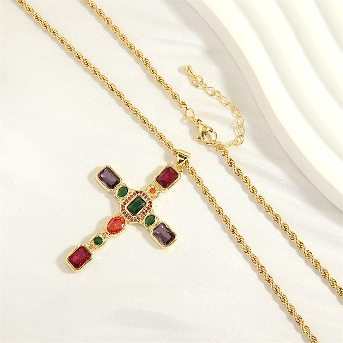 Hip-Hop Simple Style Cross Copper Plating Inlay Zircon 18K Gold Plated Pendant Necklace