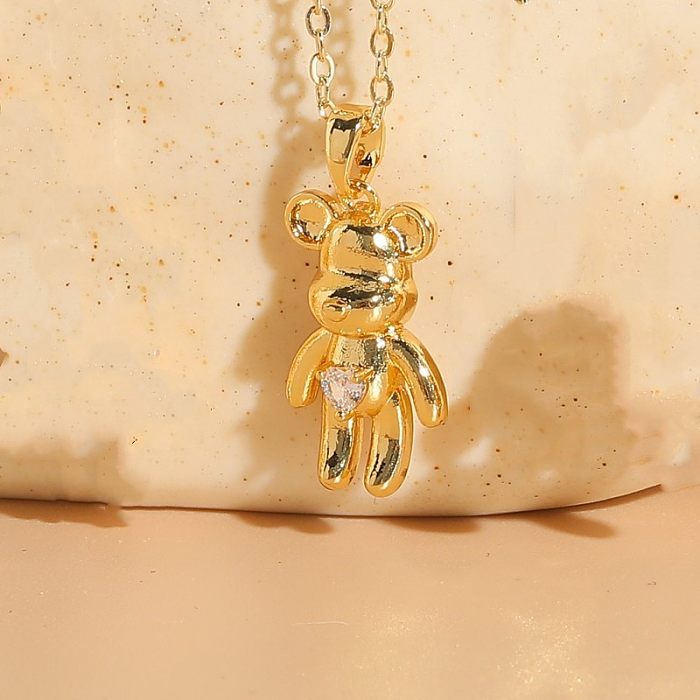 Collier pendentif ours en cuivre plaqué or 14 carats, Style classique élégant, strass artificiels, perles artificielles, en vrac