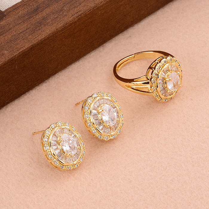 French Style Classic Style Shiny Flower Copper Plating Inlay Zircon Rings Earrings Jewelry Set