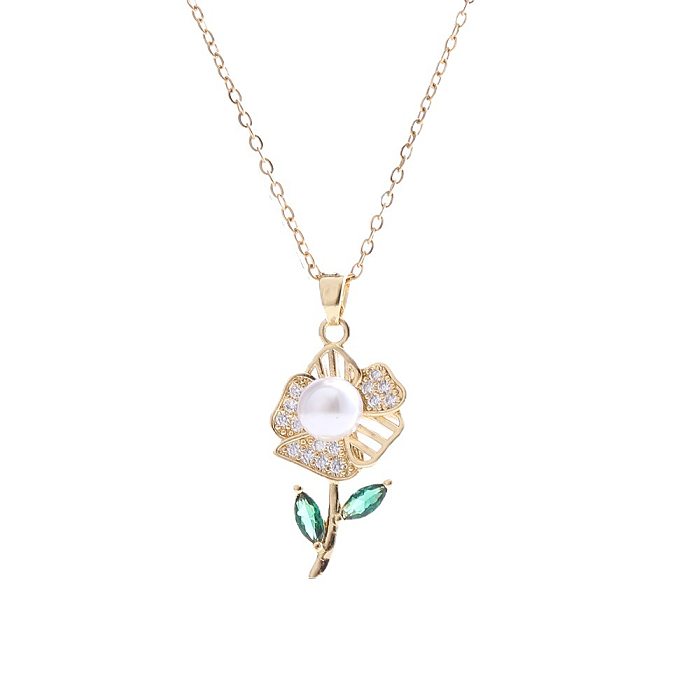Collar de pendientes de circonio de perlas artificiales con incrustaciones de cobre de flor de estilo simple