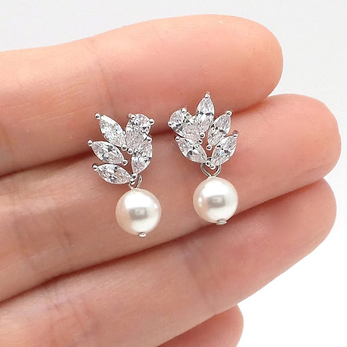 1 Pair Simple Style Geometric Imitation Pearl Copper Plating Zircon Drop Earrings