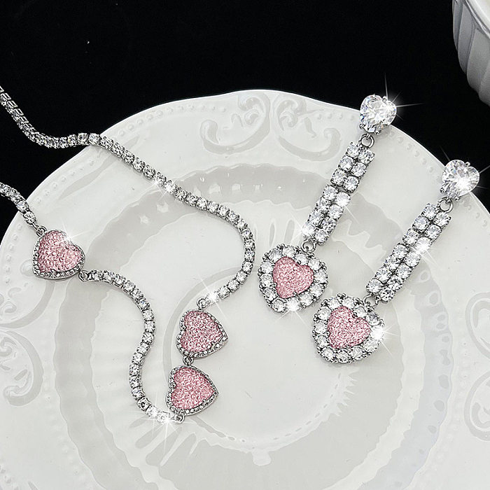 IG Style Shiny Heart Shape Copper Plating Inlay Zircon White Gold Plated Earrings Necklace