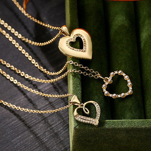 1 Piece Fashion Heart Shape Copper Plating Hollow Out Inlay Pearl Zircon Pendant Necklace