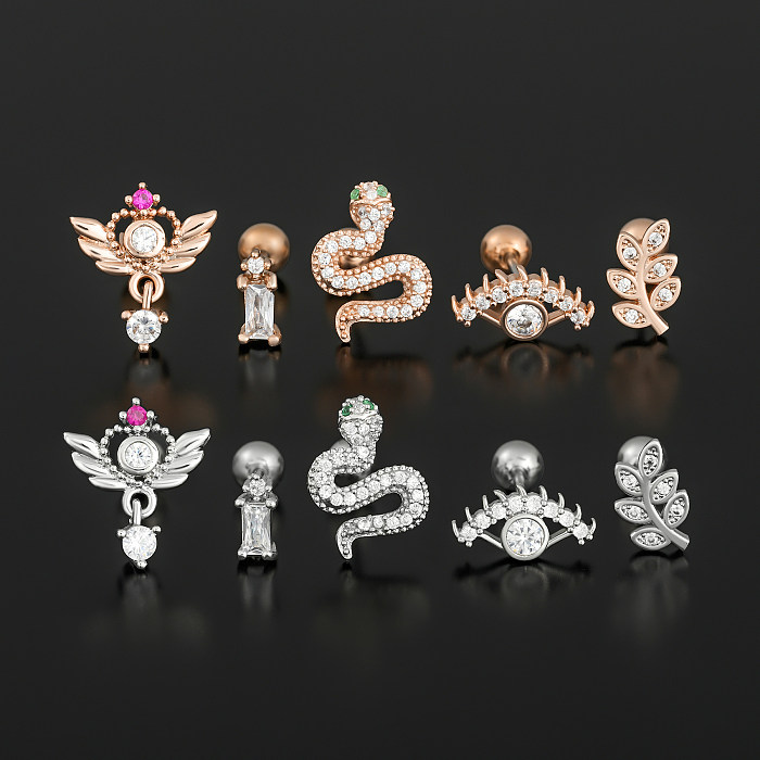 1 Piece IG Style Simple Style Leaves Wings Snake Plating Inlay Brass Zircon 18K Gold Plated White Gold Plated Sleeper Earrings  Ear Studs