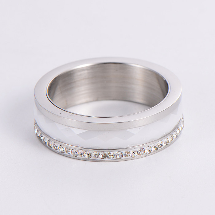 Anéis luxuosos de strass com embutimento de cerâmica geométrica de aço inoxidável