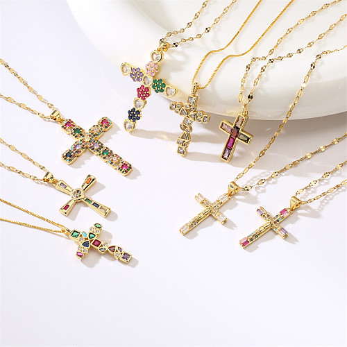 Mode-Kreuz-Kupfer-Beschichtung-Inlay-Zirkon-vergoldete Anhänger-Halskette