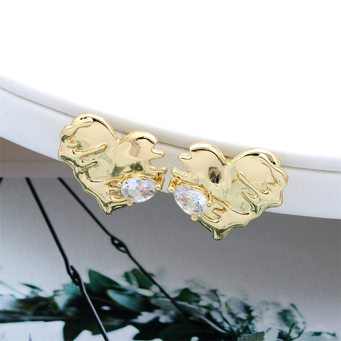 1 Pair Simple Style Shiny Irregular Heart Shape Plating Inlay Copper Zircon 18K Gold Plated Ear Studs