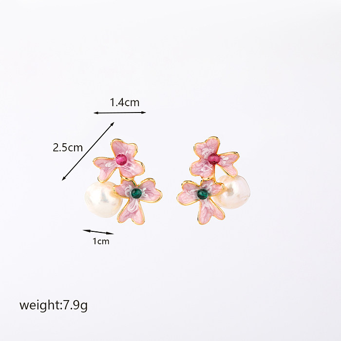 1 Pair Casual Pastoral Commute Flower Plating Inlay Imitation Pearl Copper Artificial Crystal 18K Gold Plated Earrings