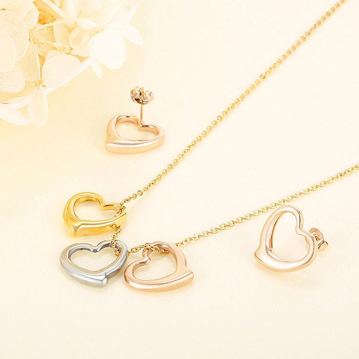 European And American New Stainless Steel Heart-shaped Peach Heart Necklace Earrings Jewelry Set