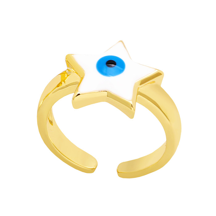 Retro Pentagram Devil'S Eye Heart Shape Copper Enamel Gold Plated Open Ring 1 Piece